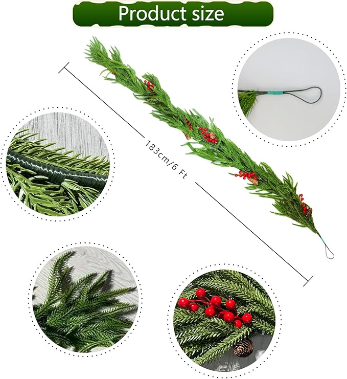 Norfolk Pine Garland and Norfolk Pine Wreath, Artificial Greenery Garland for Table, Mantle, Wall, Fireplace, Staircase-Indoor Outdoor Christmas Decorations, Wedding, Home Decor