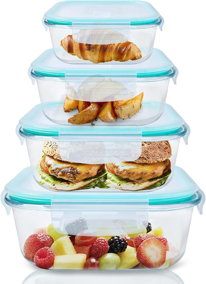 Meal Prep Boxes Glass Containers with Lid, Dishwasher Food Storage Containers with Lid, Microwave and Freezer Friendly, Leak-Proof (Light Green, 320+520+800+1200ml)