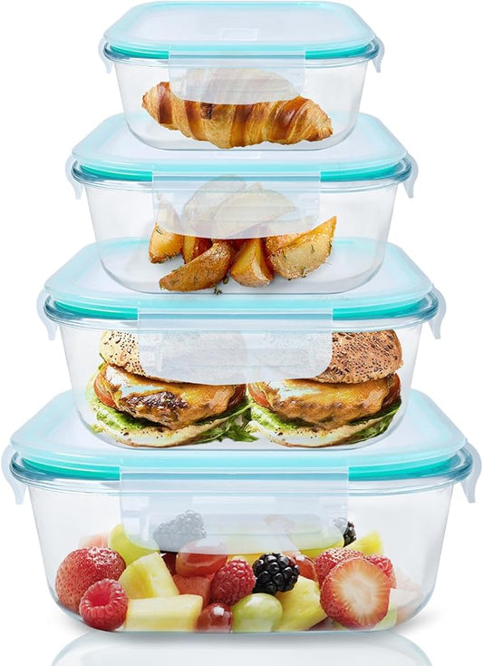 Meal Prep Boxes Glass Containers with Lid, Dishwasher Food Storage Containers with Lid, Microwave and Freezer Friendly, Leak-Proof (Light Green, 320+520+800+1200ml)