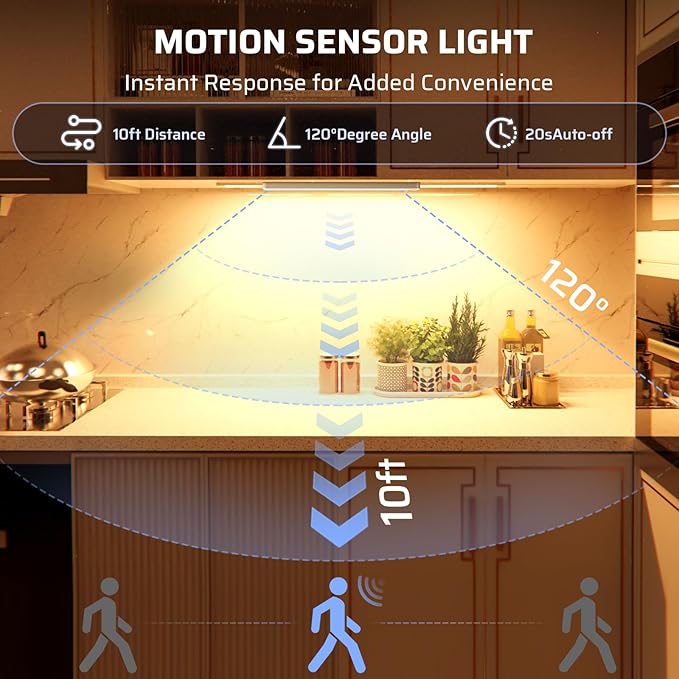Under Cabinet Lighting Wireless 2200maAh Rechargeable LED Motion Sensor Magnetic Light Indoor Closet Lights for Kitchen, Stairs (Warm White, 10 Inch, 5P-WW)