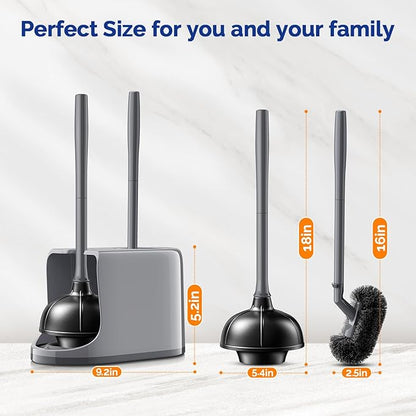 HAMITOR Toilet Plunger and Brush Set for Bathroom Cleaning with Extented Handle - Heavy Duty Toilet Plunger Combo Accessories with Caddy Stand Holder for Small Space - Gray