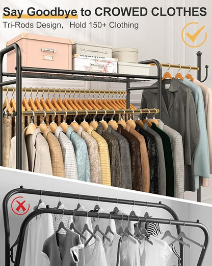 10-in-1 Clothes Rack, Multi-Function Garment Rack with 3 Tier Shelves, 3 Hanging Rod, 4 Handy Hook, Heavy Duty Clothing Rack Up to 620 LBS, Metal Wardrobe Closet for Bedroom, Laundry, Balcony,Black
