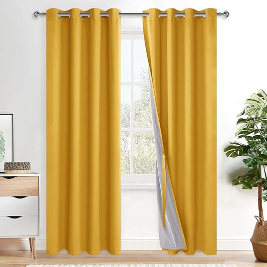 XWZO Full Shading Blackout Curtains 84 Inches Length with Tiebacks- Heat and Light Blocking Ring Top Window Drapes with Black Liner Backing for Bedroom, Yellow, W52 x L84, Set of 2 Panels