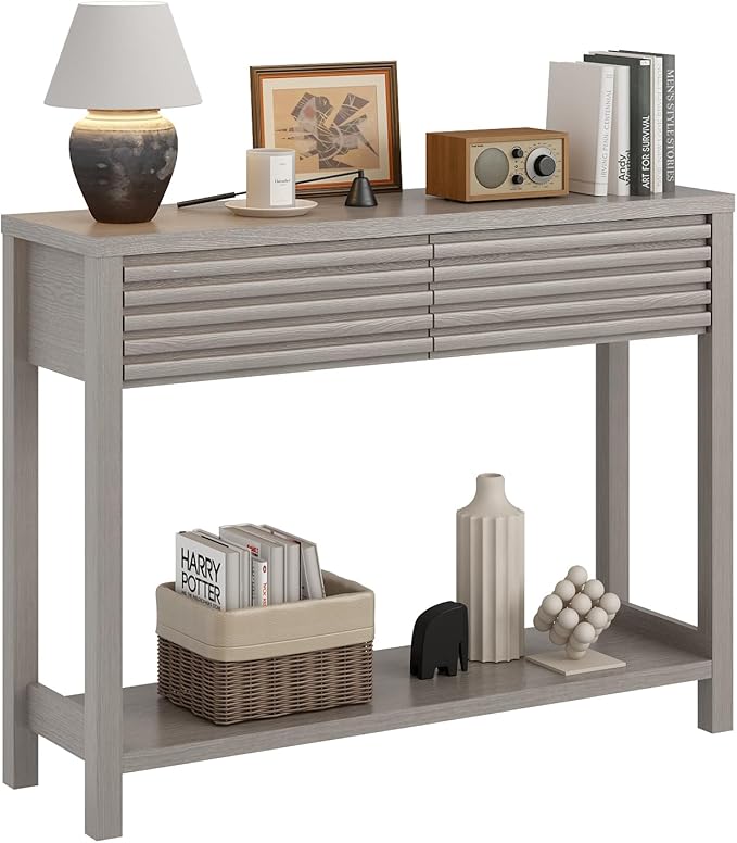 BREEZEHEAT 40" Fluted Console Table with 2 Drawers, Modern Wood 2 Tier Entryway Table with Storage Shelf, Narrow Sofa Table Behind Couch Accent Table for Entrance Foyer, Hallway, Living Room, Gray