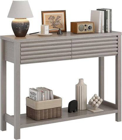 BREEZEHEAT 40" Fluted Console Table with 2 Drawers, Modern Wood 2 Tier Entryway Table with Storage Shelf, Narrow Sofa Table Behind Couch Accent Table for Entrance Foyer, Hallway, Living Room, Gray