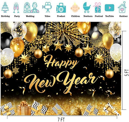 CYLYH 7X5FT 2026 New Year Backdrop Black and Gold Background New Year Holiday Party Banner Christmas Party Decorations Banner