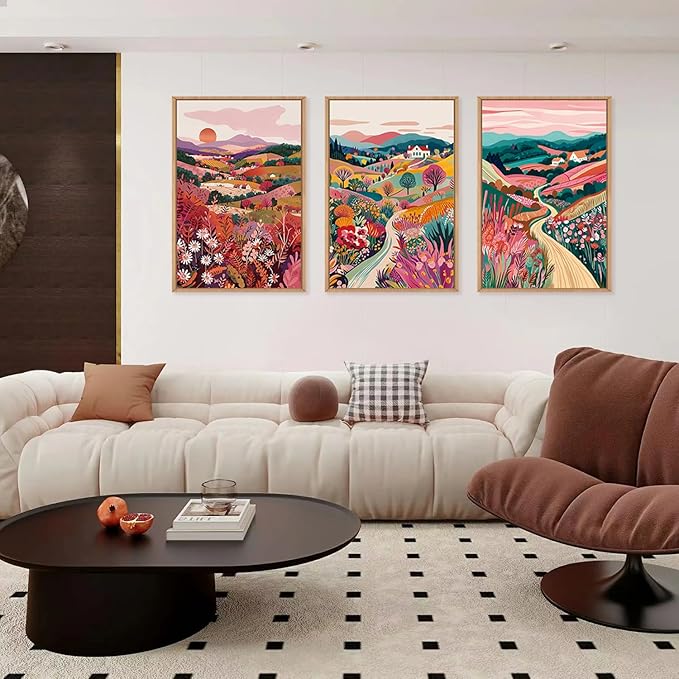 HLNIUC Boho Colorful Wall Art, Floral Mountain Framed Decor(24"x36"), Abstract Wildflower Nature 3 Piece Canvas Painting, Botanical Sunset Forest Art Print for Living Room, Bedroom, Office