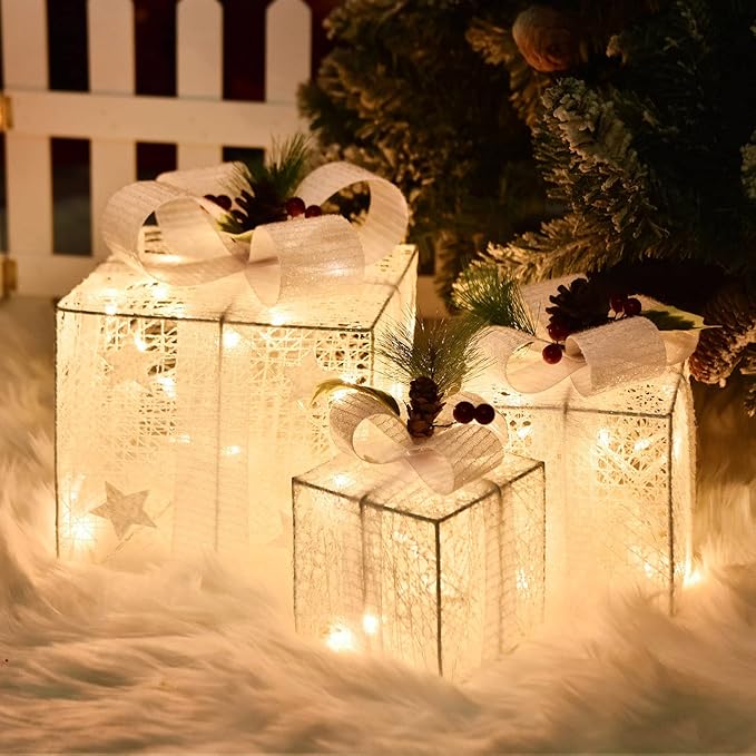 Christmas Light up Gift Boxes, Light up Xmas Boxes with Battery Operated for Christmas Decorations Indoor and Outdoor (3 Pack)