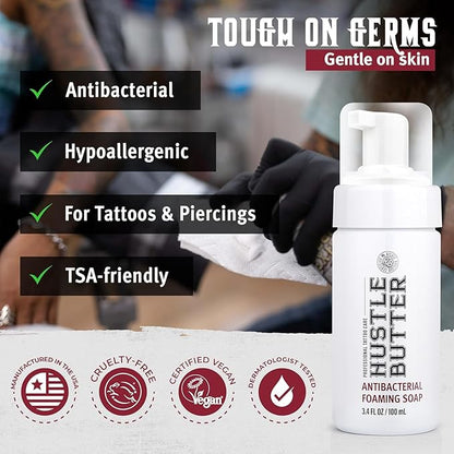 Hustle Bubbles Tattoo Aftercare - Antibacterial Foaming Tattoo Soap for New Tattoos and Piercings - TSA Approved - Vegan, Cruelty Free - 3.4 fl oz