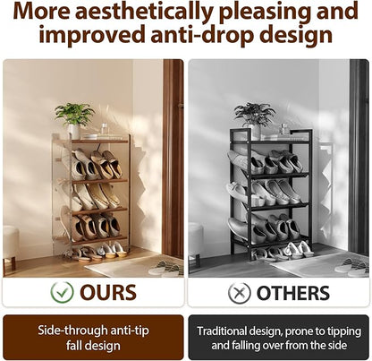 Free Standing Shoe Rack & Closet Shoe Shelf, for Entryway Small Space, Front Door, Garage, 4-Tier Slanted, Solid Wood & Acrylic Frame with Top Shelf Storage