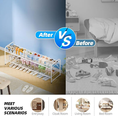 2 Tier Shoe Rack for Closet, 44 Inch Extra Long Shoe Storage Organizer for Shelves, Heavy Duty Metal, Easy Assembly, White
