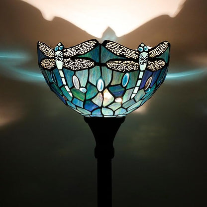 Tiffany Floor Lamp Torchiere Stained Glass Torch Lamp 12X12X67 Inch Antique Standing Corner Light (Dark Blue Dragonfly)