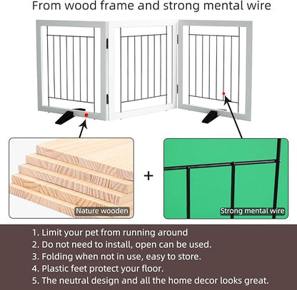 ZJSF Freestanding Dog Gate Indoor, Foldable Dog Fence for Doorways,Hallways or Stairs, Sturdy Wood Extra Wide Pet Gate with Support Feet,White,32 "Height-3 Panels