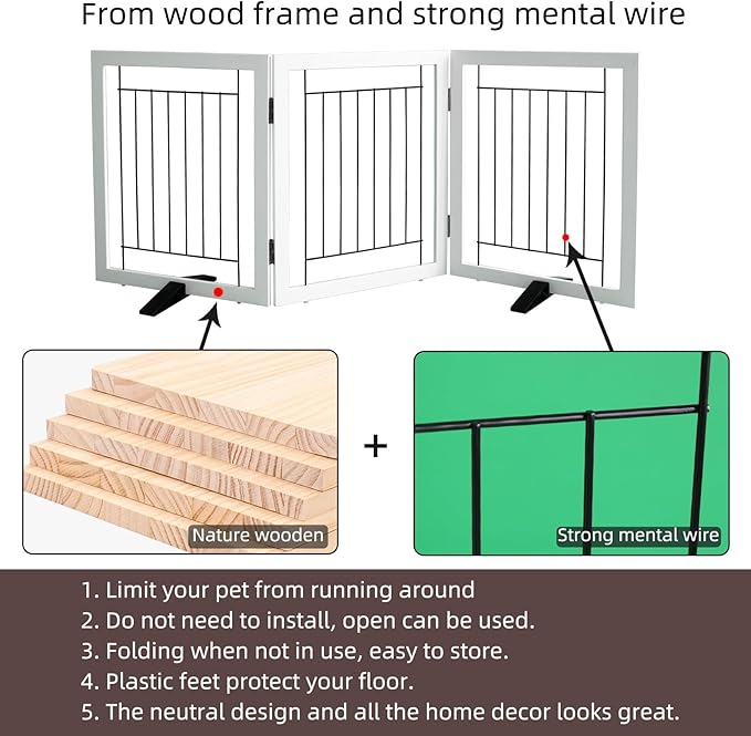 ZJSF Freestanding Dog Gate Indoor, Foldable Dog Fence for Doorways,Hallways or Stairs, Sturdy Wood Extra Wide Pet Gate with Support Feet,White