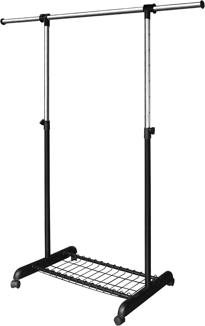 LiaMeE Adjustable Clothing Rack for Hanging Clothes, Heavy Duty Garment Rack with Wheels，Free Standing Rolling Clothes Rack with Shelf & Grid, Easy Assembly Standard Rod, Black & Chrome