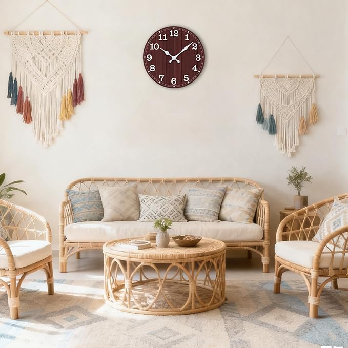 Wall Clock Battery Operated 8 Inch Brown Silent Non Ticking Country Rustic Design Vintage Retro Decorative for Bathroom Kitchen Bedroom