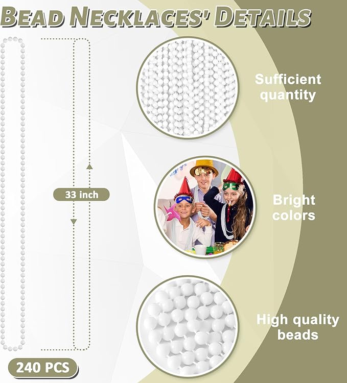 240PCS White Beads Necklace, Mardi Gras Beads Stuff Accessories, 33" 6mm Round Holiday Necklace Decorations Bulk, White Bead for Wedding Birthday School Celebrations Parade Throws