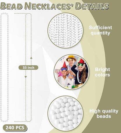 240PCS White Beads Necklace, Mardi Gras Beads Stuff Accessories, 33" 6mm Round Holiday Necklace Decorations Bulk, White Bead for Wedding Birthday School Celebrations Parade Throws