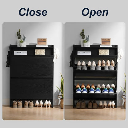 Shoe Cabinet Organizer with 2 Flip Drawers，Freestanding Shoe Rack Cabinet, Shoe Cabinet Storage for entryway, Foyer, Hallway, Black, 31.5" W