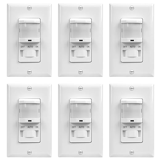 TOPGREENER in-Wall PIR Motion Sensor Light Switch, Motion Sensor Switch, Occupancy Sensor Switch, 4A, 500W, Single Pole, Neutral Wire Required, Wall Plate Included, TSOS5, White, 6 Pack