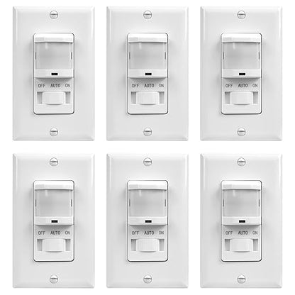 TOPGREENER in-Wall PIR Motion Sensor Light Switch, Motion Sensor Switch, Occupancy Sensor Switch, 4A, 500W, Single Pole, Neutral Wire Required, Wall Plate Included, TSOS5, White, 6 Pack
