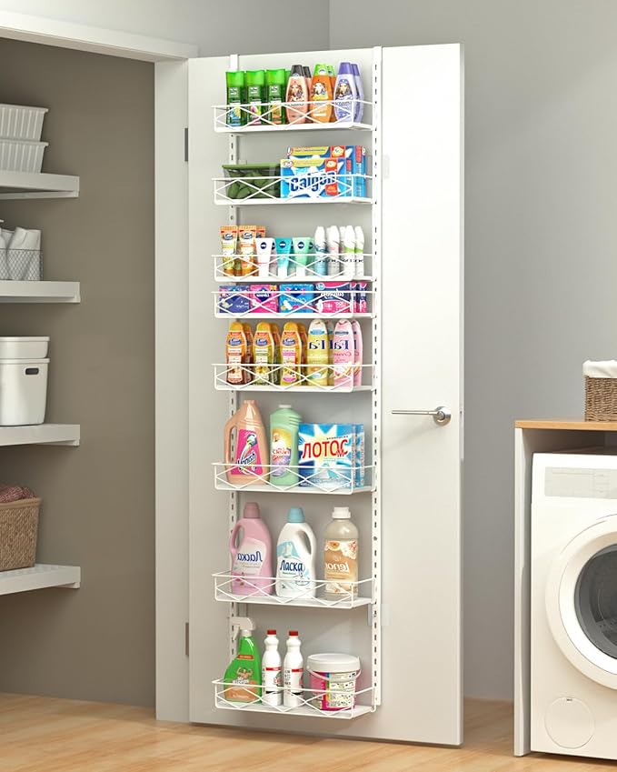 Over The Door Pantry Organizer, 8-Tier Wood & Metal Over The Door Organizer with Adjustable Basket, Hanging Spice Rack, Door Organization and Storage for Kitchen Pantry Door Cabinet, White