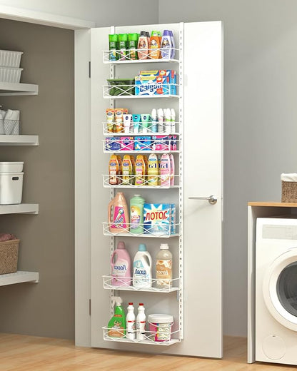 Over The Door Pantry Organizer, 8-Tier Wood & Metal Over The Door Organizer with Adjustable Basket, Hanging Spice Rack, Door Organization and Storage for Kitchen Pantry Door Cabinet, White