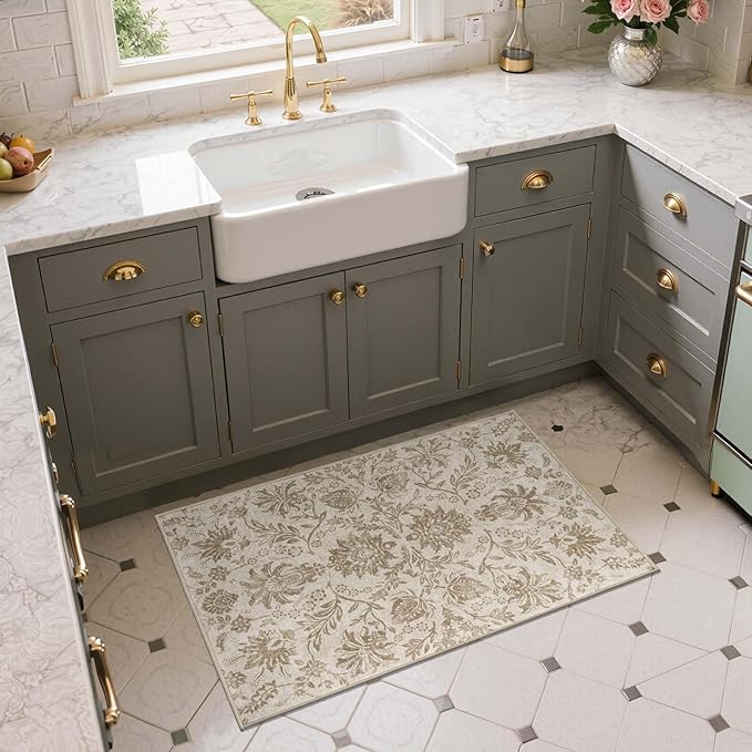 jinchan 2x3 Washable Rugs for Entryway, Vintage-Inspired Floral Neutral Design Non-Slip Low-Pile Doormat, Ultra-Thin Indoor Traditional Accent Carpet for Entrance Kitchen Bathroom Bedroom, Taupe