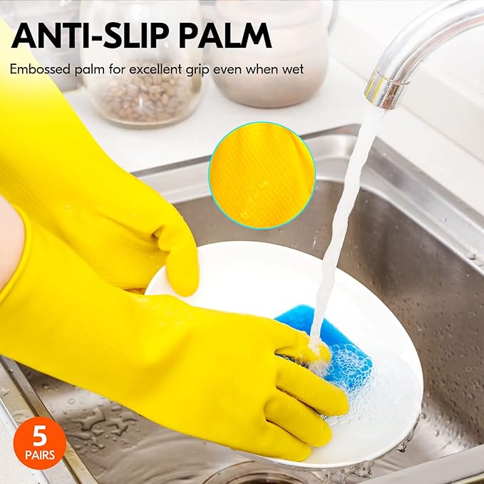 Vgo... 5-Pairs Reusable Household Gloves, Rubber Dishwashing gloves, Extra Thickness, Long Sleeves, Kitchen Cleaning, Working, Painting, Gardening, Pet Care (Size L, Yellow, HH4601)