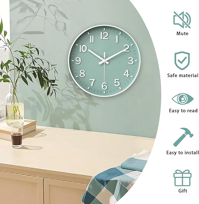 HZDHCLH Wall Clocks Battery Operated,Wall Clock Green,12 inch Wall Clock Silent Non Ticking Modern 3D Numbers for Kitchen Bedroom Living Room Office Classroom Decor
