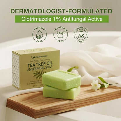 Tea Tree Antifungal Soap Bar – Body Wash for Face & Body Acne, Folliculitis, Jock Itch, Ringworm, Athlete’s Foot, Body Odor, Eczema – 2×4.1 oz