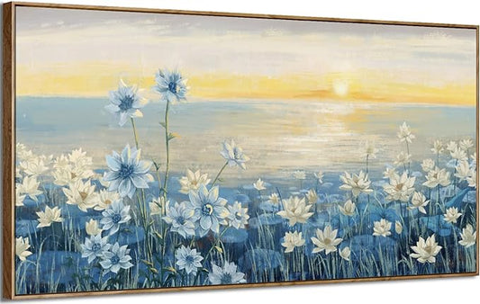 amatop Extra Large Wall Art for Living Room Modern Framed Coastal Beachy Canvas Wall Art Big Floral Sunrise Blue Wall Picture Oversized Lake Nature Sunset Artwork for Office Bedroom Decor 58"x29"