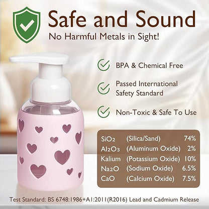 SoCal Suds & Company Glass Foaming Hand Soap Dispenser, Heart Silicone Sleeve, Refillable Pump Bottle for Kids, Baby Wash & Shampoo, Ideal for Home Use, Soft Pink 8oz