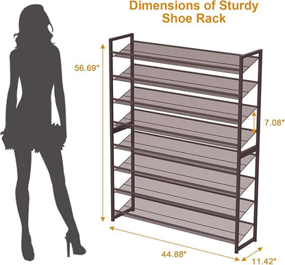 Large Shoe Rack 8 Tier Shoe Organizer, Heavy Duty Metal 4-Tier Stackable Shoe Storage Vertical Shoe Rack for Closet Front Door Entrance, Up to 50 Pairs, 44.8" W x 11.4" D x 56.7" H, Bronze