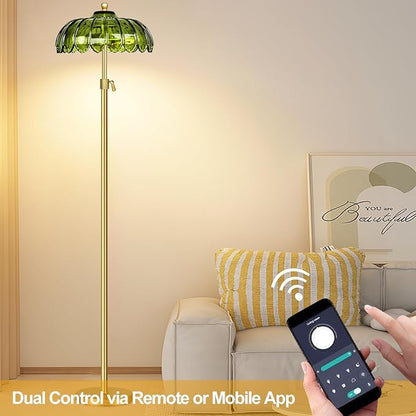 Gold Floor Lamps for Living Room Vintage Floor Lamp with Remote Control & Glass Lampshape,Mid Century Modern Standing Lamp with 3 Color Temperature Brass Flower Tall Floor Lamp for Bedroom Corner