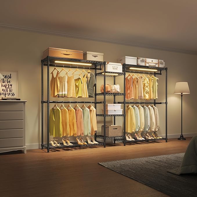 VIPEK X3L Expandable Reach in Closet Rack with Dimmable LED Lights Clothing Rack Adjustable from 5'2" to 8' Extendable Shelves and Hanger Rods, Large Freestanding Walk-in Open Closets, Black