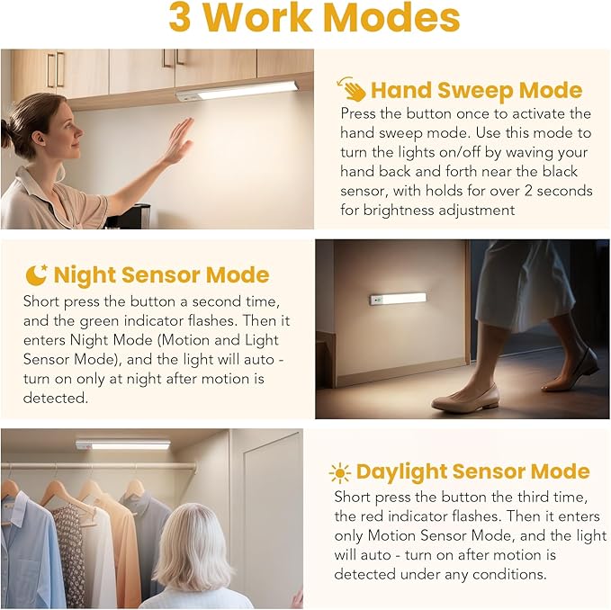 Under Cabinet Lighting, Motion Sensor Light with 3 Color Temps, Rechargeable Closet Lights with Hand Wave, 11.8 Inch Dimmable Under Counter Lights for Kitchen, Wardrobe, Stairs, 2 Pack