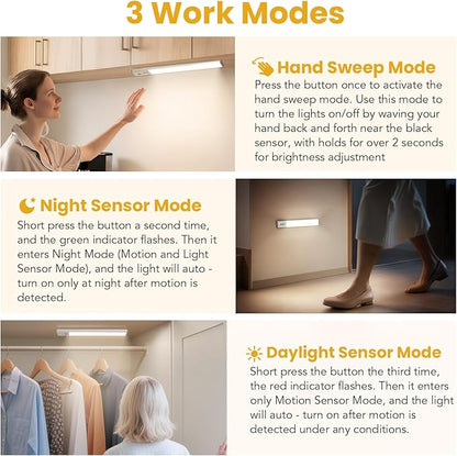 Under Cabinet Lighting, Motion Sensor Light with 3 Color Temps, Rechargeable Closet Lights with Hand Wave, 11.8 Inch Dimmable Under Counter Lights for Kitchen, Wardrobe, Stairs, 2 Pack