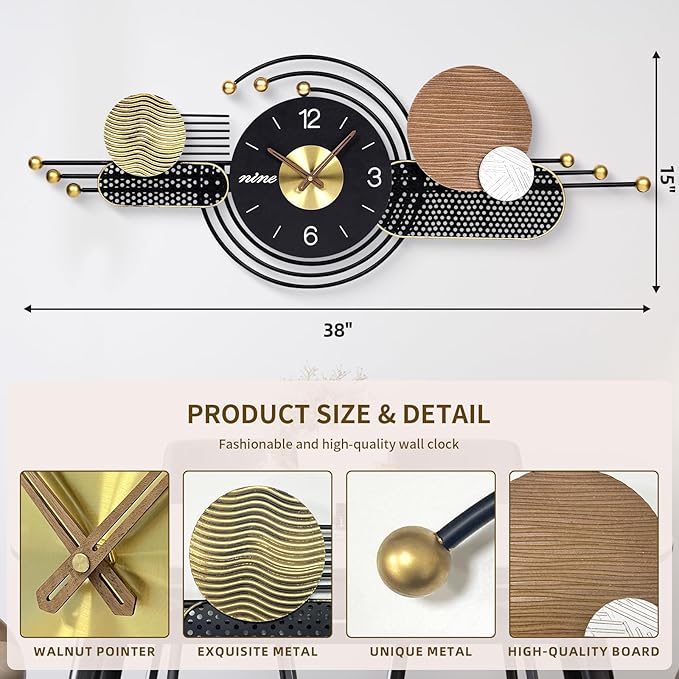 38x15 Inches Wall Clock Silent Non-Ticking Battery Operated, Modern Large Decorative Analog Clocks for Living Room, Bedroom, Office - Abstract Art Home Decor, Easy to Read