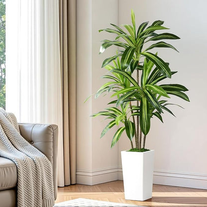 Artificial Dracaena Fake Tree 5FT, White High Pot Artificial Plants Indoor&Outdoor, Fake Plants for Office/Home/Living Room Potted Decoration, 5ft