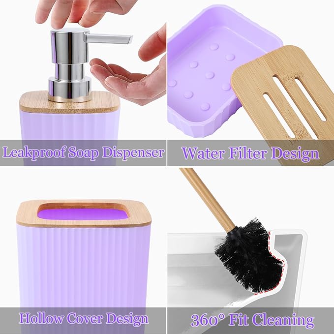 Purple Bathroom Accessory Set, Light Purple Bathroom Set with Trash Can, Tray, Toothbrush Holder,Toothbrush Cup,Soap Dispenser,Soap Dish,Toilet Brush and Qtip Holders