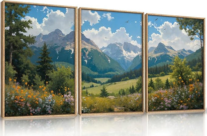 HLNIUC Green Forest Mountain Landscape 3 Piece Wall Art Framed, Colorful Wildflower Nature Wall Decor(24x36), Blue Sky White Cloud Canvas Painting, Woodland Tree Print for Living Room, Bedroom, Office