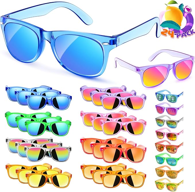 Kids Sunglasses Bulk Party Favors 24 Packs- Boys and Girls Valentines Day Gifts UV 400 Protection Neon Sunglasses for Age 3-8, Kids Birthday Classroom Goodie Bags End of the Year Gifts For Students