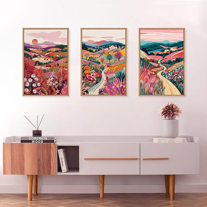 HLNIUC Boho Colorful Wall Art, Floral Mountain Framed Decor(16"x24"), Abstract Wildflower Nature 3 Piece Canvas Painting, Botanical Sunset Forest Art Print for Living Room, Bedroom, Office