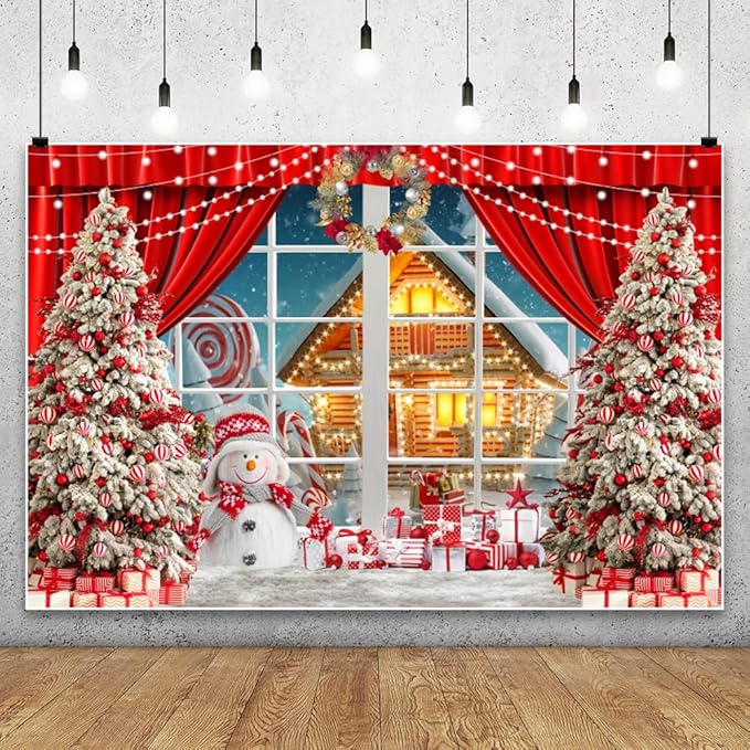 YongFoto Merry Christmas Backdrop 10x8ft Snowman Window View Snowy Town Xmas Tree Photography Background 2026 New Year Family Winter Holiday Party Banner Portrait Photoshoot Wallpaper Photo Booth