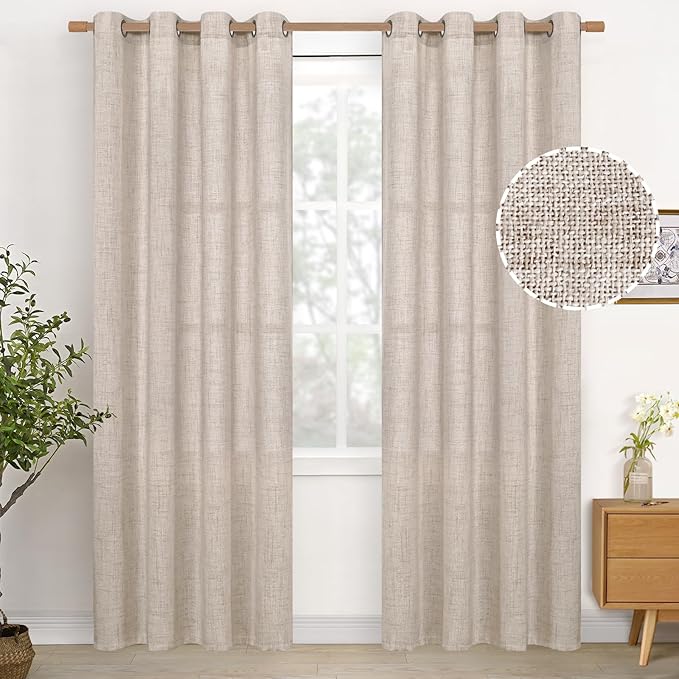 YoungsTex Linen Curtains 80 Inches Length 2 Panels for Living Room, Semi Sheer Drapes with Bronze Grommet Light Filtering for Living Room Bedroom Rustic Farmhouse Lightweight, 52 x 80 Inch