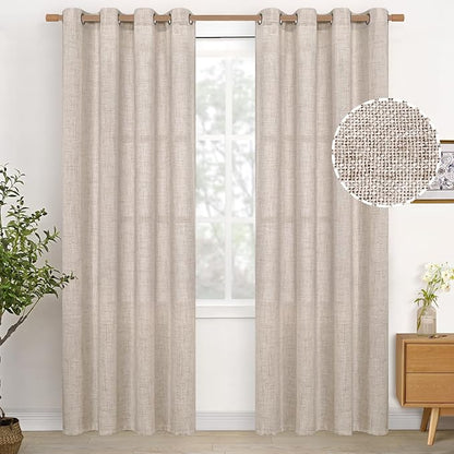 YoungsTex Linen Curtains 80 Inches Length 2 Panels for Living Room, Semi Sheer Drapes with Bronze Grommet Light Filtering for Living Room Bedroom Rustic Farmhouse Lightweight, 52 x 80 Inch