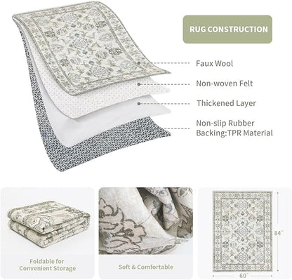 5x7 Washable Area Rugs Beige and Sage Green Vintage Boho Floral Farmhouse Rug for Living Room Bedroom, Non Slip Low Pile Carpet
