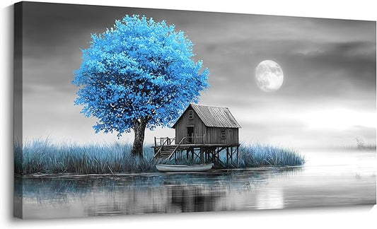 JEAWA Landscape Canvas Wall Art Decor - Blue Gray Wall Art for Bathroom Bedroom Study Dining Room, Winter Wall Art Canvas Paintings, Moon Pictures Wall Decor, Tree Art Wall Decor, 20x40 IN