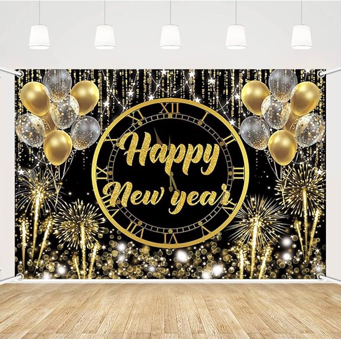 MEHOFOND Happy New Year Backdrop Hello 2026NYE Cheers Party Decorations Gold Black Photography Background Kiss Me at Midnight New Year's Eve Festival Party Supplies Photobooth Banner 8x6ft